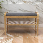 Banc de rangement à chaussures Mindy, assise en polyester gris, bambou brun noyer, 91 cm