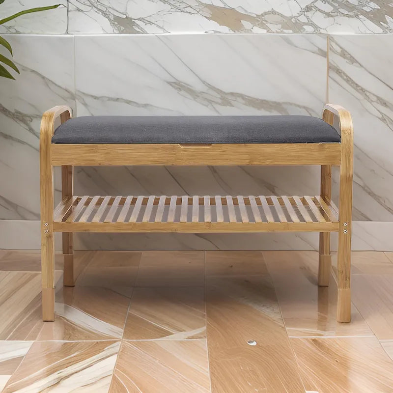 Banc de rangement à chaussures Mindy, assise en polyester gris, bambou brun noyer, 91 cm