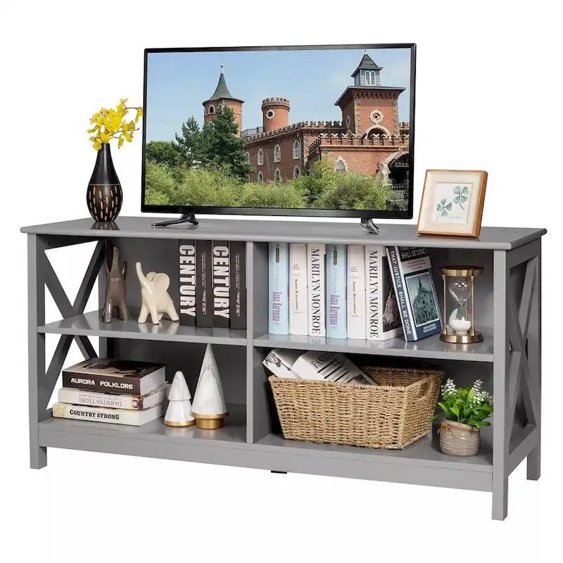 Meuble TV 55 pouces avec étagères de rangement, gris - 119 cm de largeur