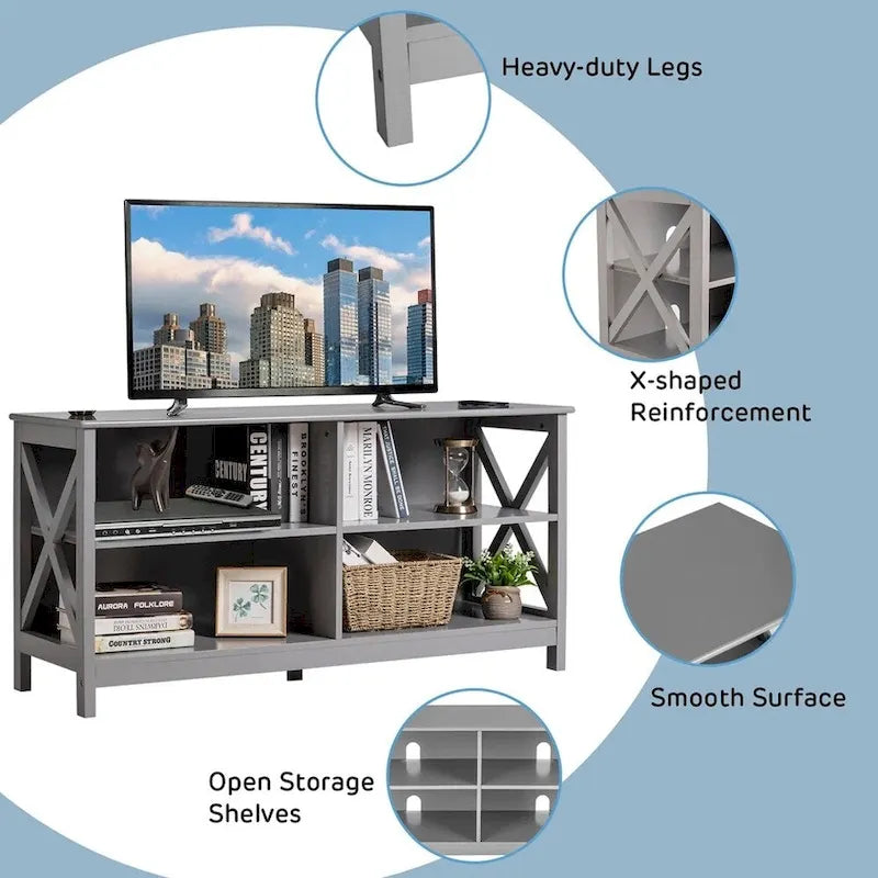 Meuble TV 55 pouces avec étagères de rangement, gris - 119 cm de largeur