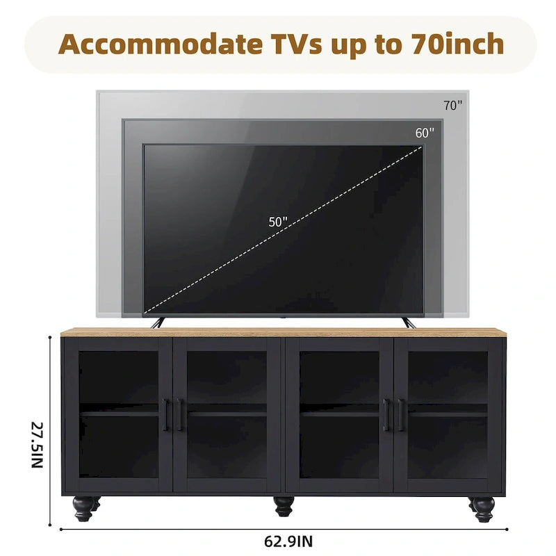 Meuble TV avec étagères et portes en verre trempé, centre multimédia avec étagères réglables pour téléviseurs jusqu'à 70 pouces