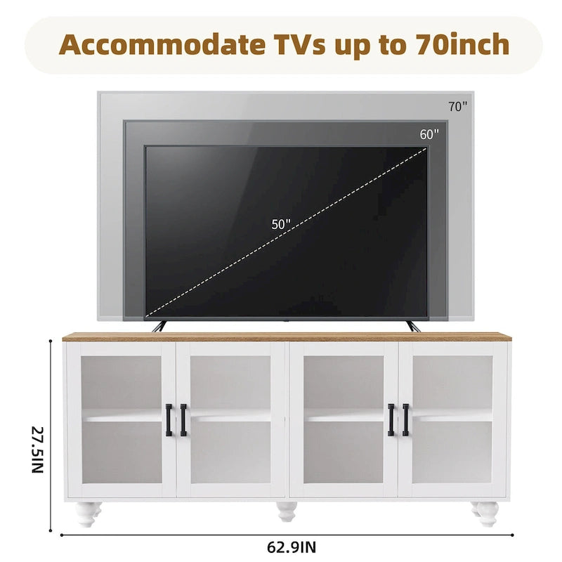 Meuble TV avec étagères et portes en verre trempé, centre multimédia avec étagères réglables pour téléviseurs jusqu'à 70 pouces