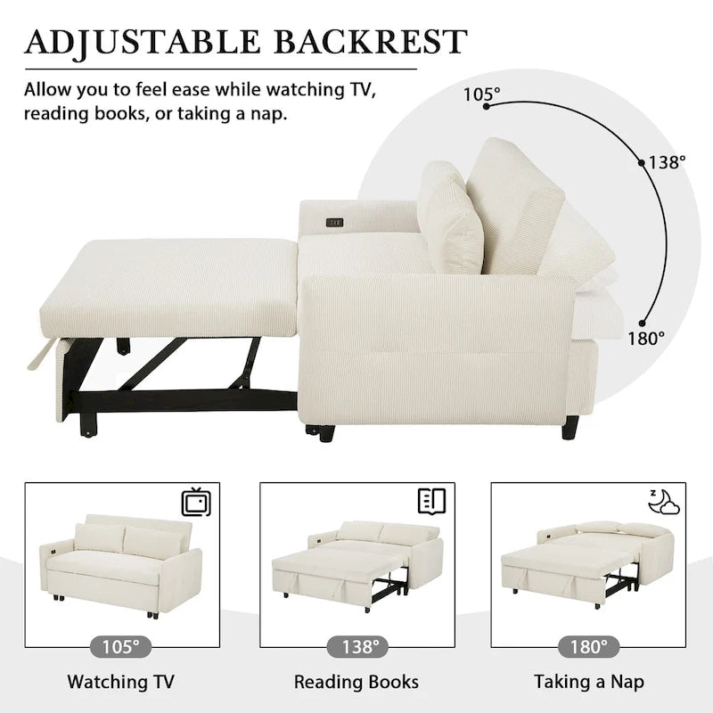 Canapé-lit gigogne Roomfitters 2 places convertible avec coussins décoratifs et ports USB, canapé-lit moderne, beige
