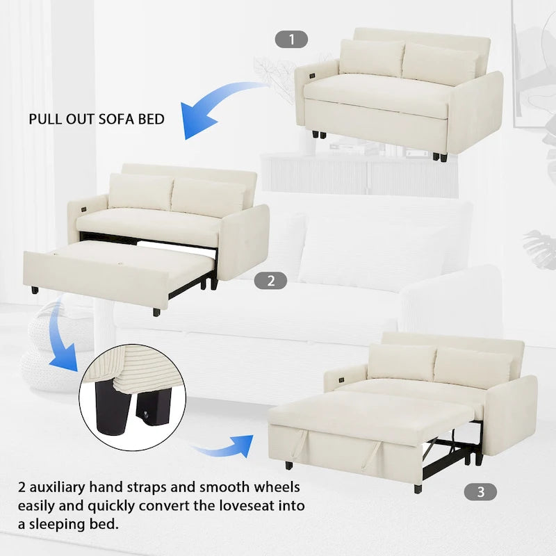 Canapé-lit gigogne Roomfitters 2 places convertible avec coussins décoratifs et ports USB, canapé-lit moderne, beige