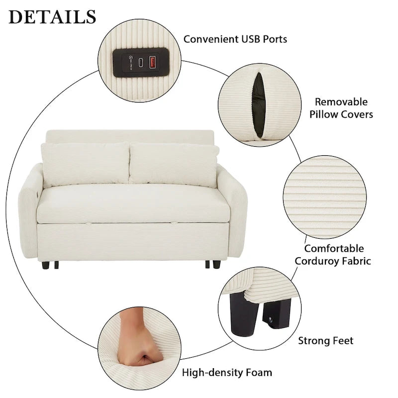 Canapé-lit gigogne Roomfitters 2 places convertible avec coussins décoratifs et ports USB, canapé-lit moderne, beige