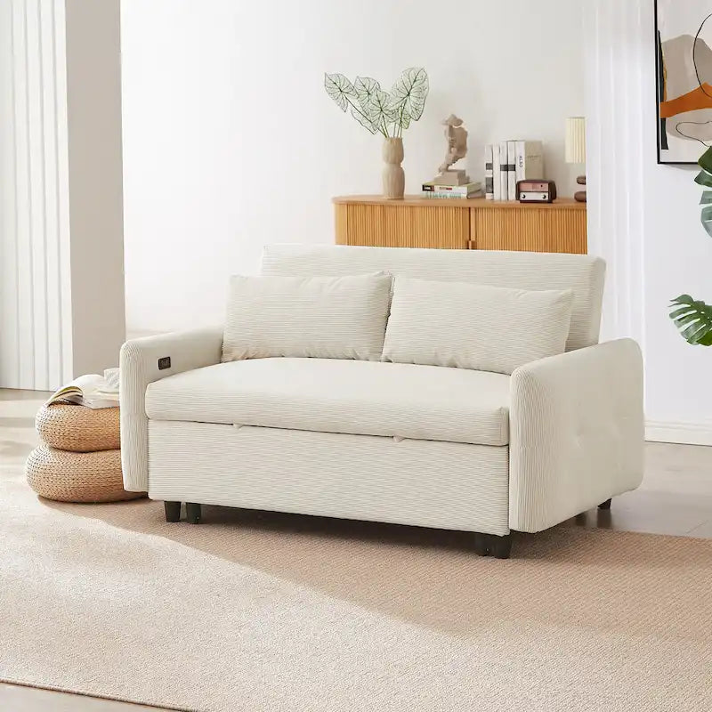 Canapé-lit gigogne Roomfitters 2 places convertible avec coussins décoratifs et ports USB, canapé-lit moderne, beige