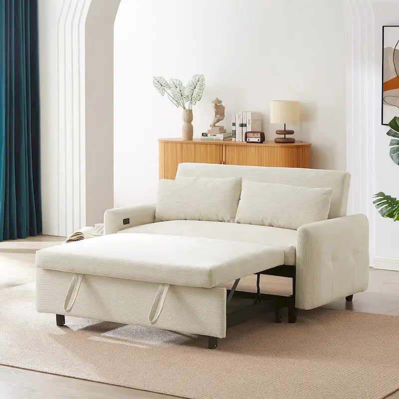 Canapé-lit gigogne Roomfitters 2 places convertible avec coussins décoratifs et ports USB, canapé-lit moderne, beige