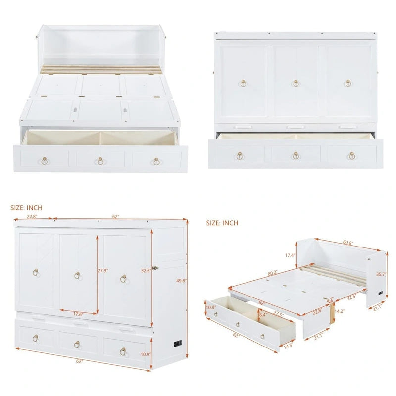 Lit escamotable en bois Queen Size avec module de port USB et tiroir