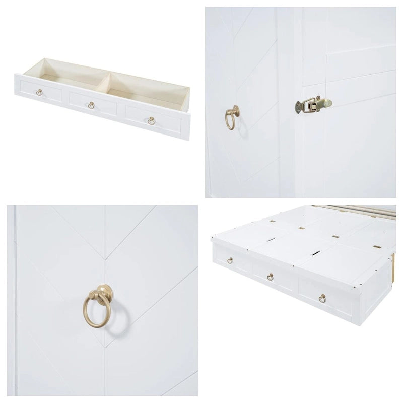 Lit escamotable en bois Queen Size avec module de port USB et tiroir