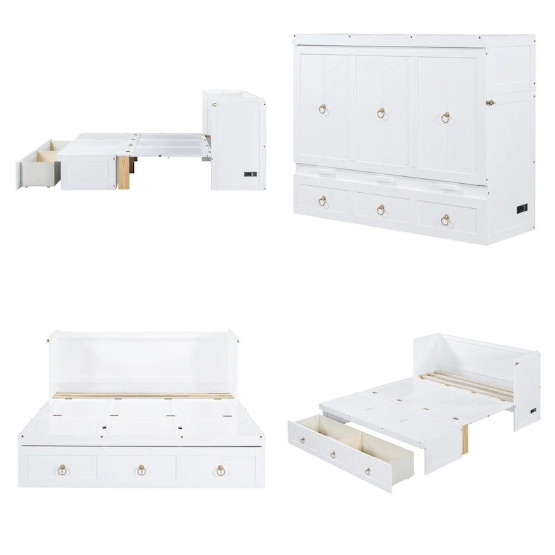 Lit escamotable en bois Queen Size avec module de port USB et tiroir