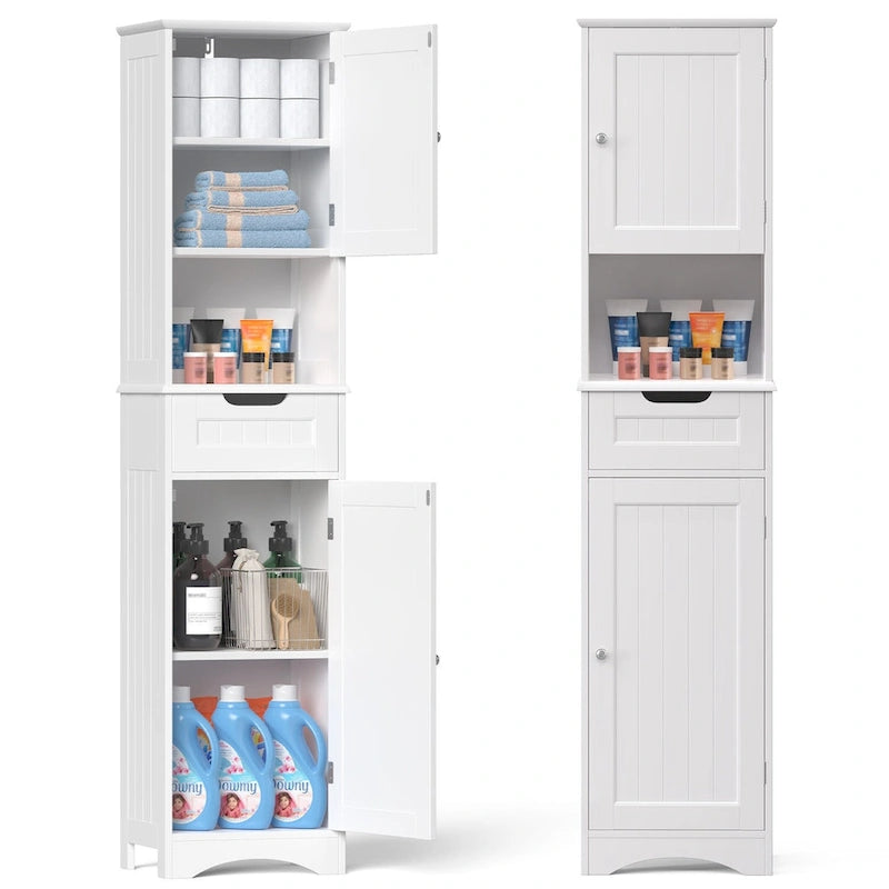 Armoire de salle de bain haute de 67 cm, colonne de rangement étroite avec 2 portes et tiroir.