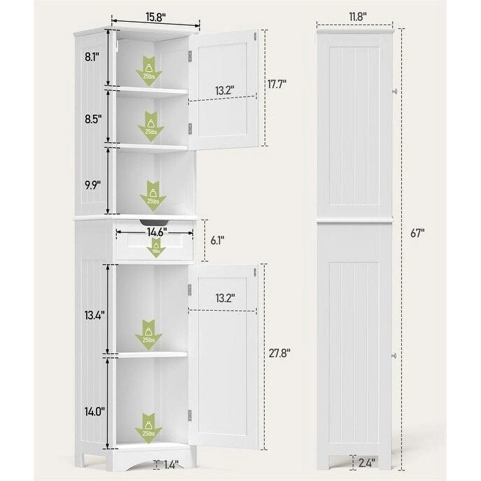 Armoire de salle de bain haute de 67 cm, colonne de rangement étroite avec 2 portes et tiroir.