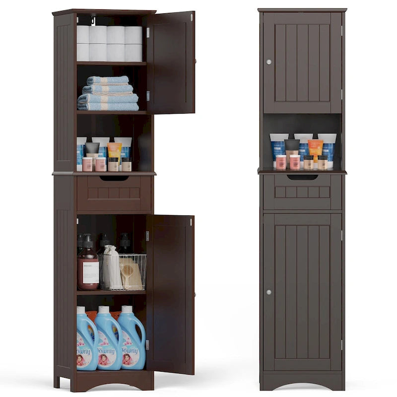 Armoire de salle de bain haute de 67 cm, colonne de rangement étroite avec 2 portes et tiroir.
