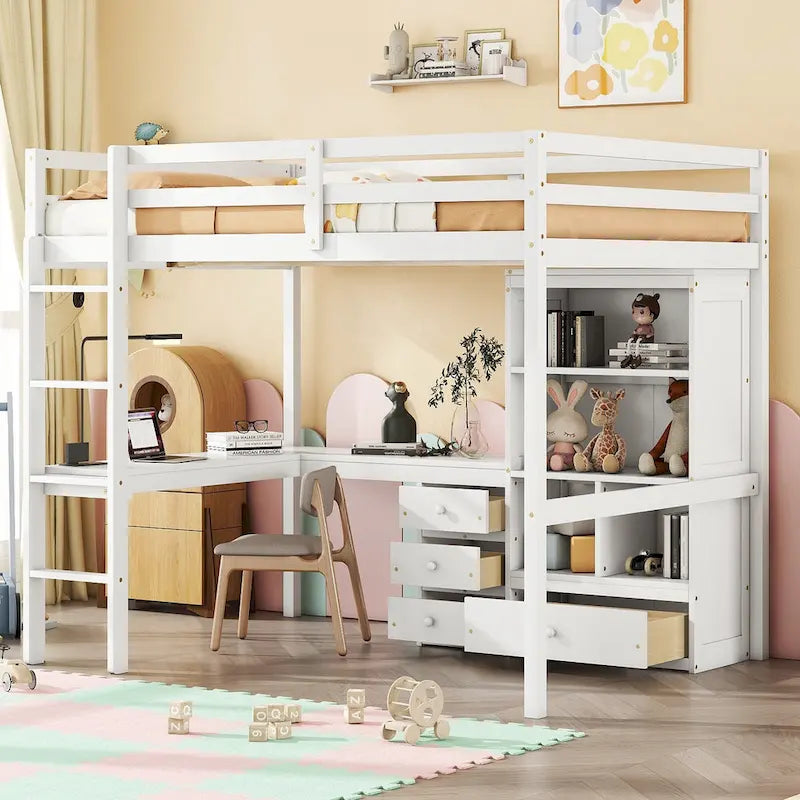Lit mezzanine en bois pleine grandeur avec bureau en forme de L, étagères de rangement et tiroirs