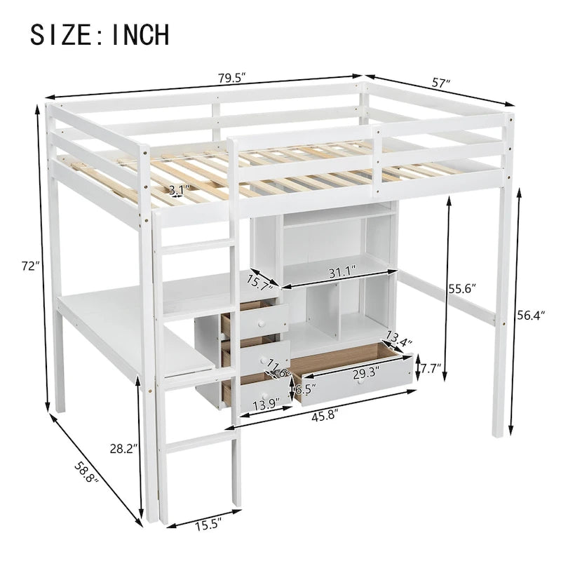Lit mezzanine en bois pleine grandeur avec bureau en forme de L, étagères de rangement et tiroirs