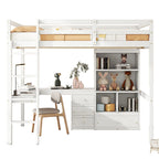 Lit mezzanine en bois pleine grandeur avec bureau en forme de L, étagères de rangement et tiroirs
