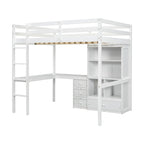 Lit mezzanine en bois pleine grandeur avec bureau en forme de L, étagères de rangement et tiroirs