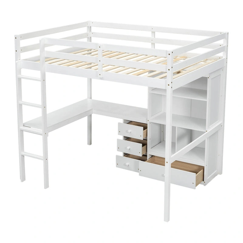 Lit mezzanine en bois pleine grandeur avec bureau en forme de L, étagères de rangement et tiroirs