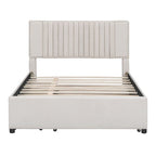 Lit plateforme capitonné en lin, tête de lit à lignes verticales ornée de clous décoratifs, cadre de lit en panneaux de bois, 2 tiroirs et lit gigogne