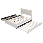 Lit plateforme capitonné en lin, tête de lit à lignes verticales ornée de clous décoratifs, cadre de lit en panneaux de bois, 2 tiroirs et lit gigogne