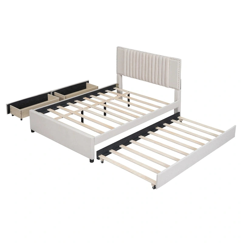 Lit plateforme capitonné en lin, tête de lit à lignes verticales ornée de clous décoratifs, cadre de lit en panneaux de bois, 2 tiroirs et lit gigogne