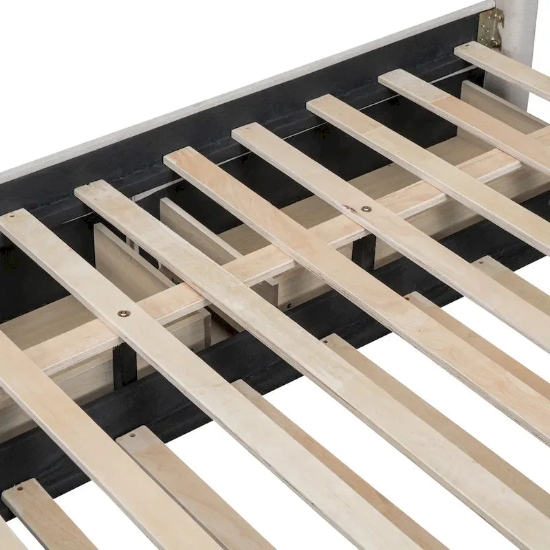 Lit plateforme capitonné en lin, tête de lit à lignes verticales ornée de clous décoratifs, cadre de lit en panneaux de bois, 2 tiroirs et lit gigogne