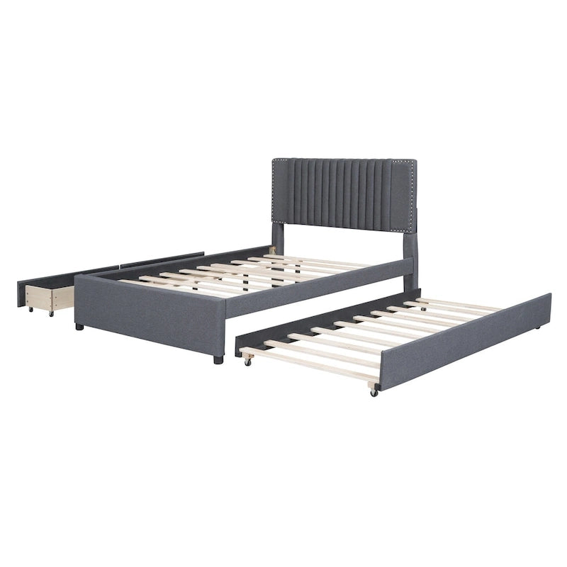Lit plateforme capitonné en lin, tête de lit à lignes verticales ornée de clous décoratifs, cadre de lit en panneaux de bois, 2 tiroirs et lit gigogne