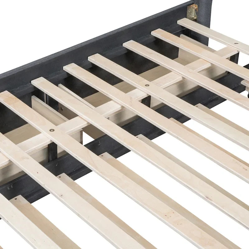 Lit plateforme capitonné en lin, tête de lit à lignes verticales ornée de clous décoratifs, cadre de lit en panneaux de bois, 2 tiroirs et lit gigogne