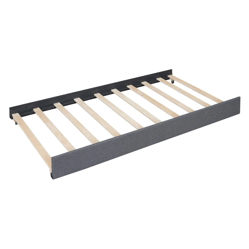 Lit plateforme capitonné en lin, tête de lit à lignes verticales ornée de clous décoratifs, cadre de lit en panneaux de bois, 2 tiroirs et lit gigogne
