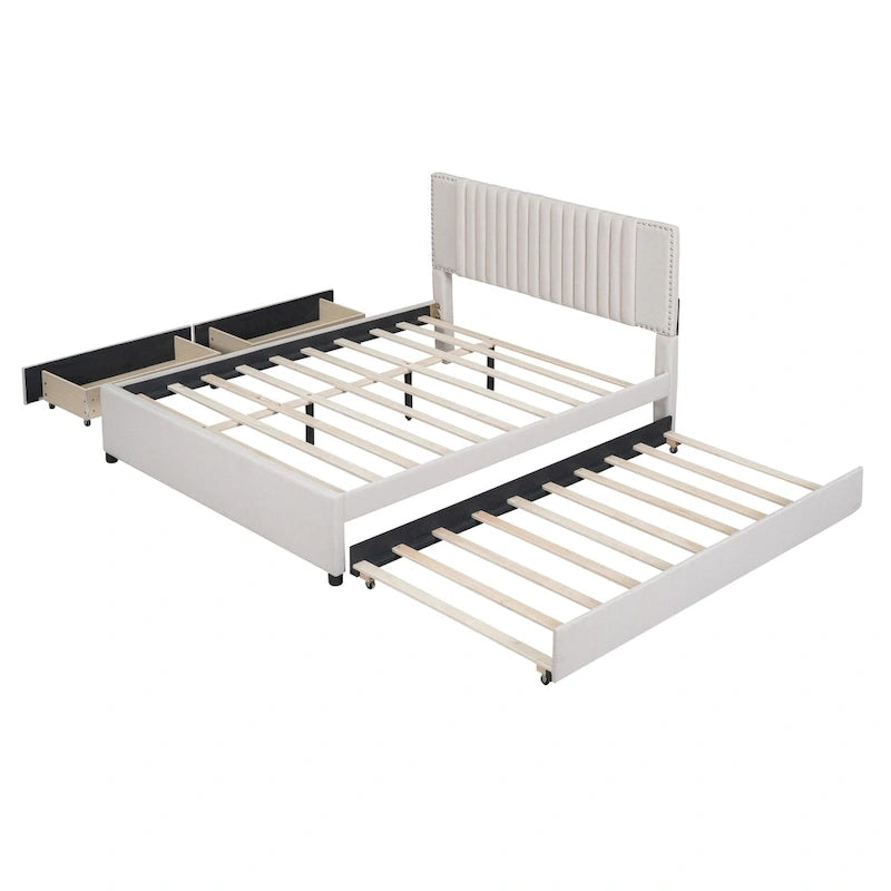 Lit plateforme capitonné en lin, tête de lit à lignes verticales ornée de clous décoratifs, cadre de lit en panneaux de bois, 2 tiroirs et lit gigogne