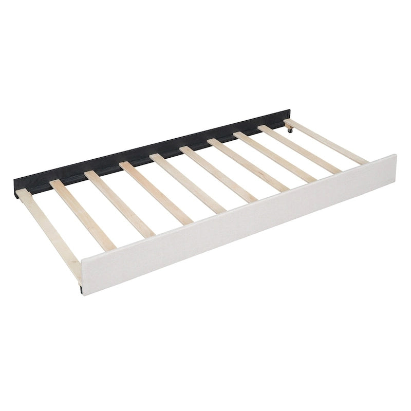 Lit plateforme capitonné en lin, tête de lit à lignes verticales ornée de clous décoratifs, cadre de lit en panneaux de bois, 2 tiroirs et lit gigogne