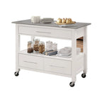 Chariot de cuisine Ottawa avec plateau en acier inoxydable et finition blanche (tabouret non inclus)
