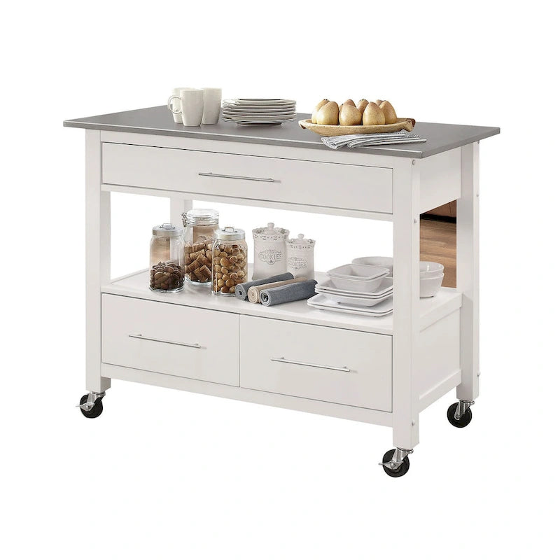 Chariot de cuisine Ottawa avec plateau en acier inoxydable et finition blanche (tabouret non inclus)