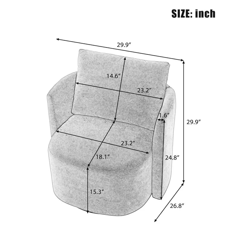 Fauteuil pivotant à 360°, fauteuil d'appoint tonneau de 29,9 pouces, fauteuil-canapé pivotant rembourré au design incurvé