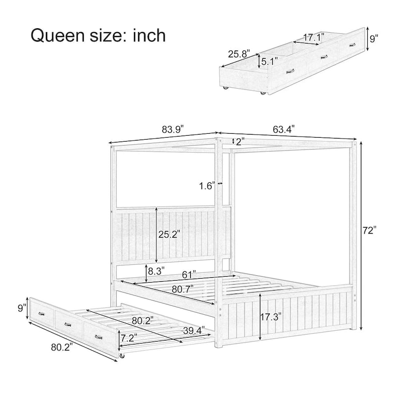 Lit plateforme Queen avec lit gigogne et 3 tiroirs de rangement, cadre de lit en bois massif à 4 poteaux avec tête de lit à oreilles