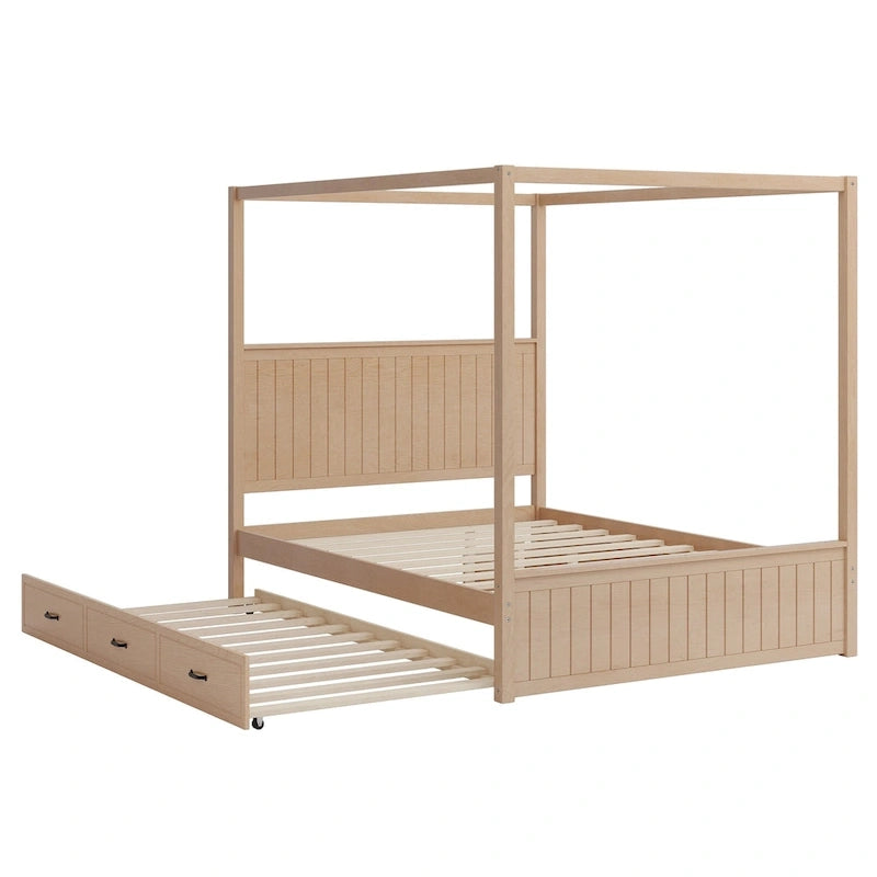 Lit plateforme Queen avec lit gigogne et 3 tiroirs de rangement, cadre de lit en bois massif à 4 poteaux avec tête de lit à oreilles