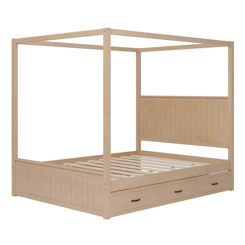 Lit plateforme Queen avec lit gigogne et 3 tiroirs de rangement, cadre de lit en bois massif à 4 poteaux avec tête de lit à oreilles