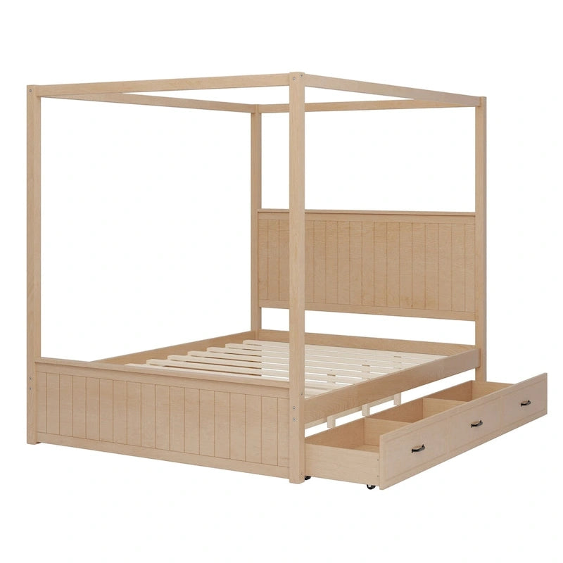 Lit plateforme Queen avec lit gigogne et 3 tiroirs de rangement, cadre de lit en bois massif à 4 poteaux avec tête de lit à oreilles