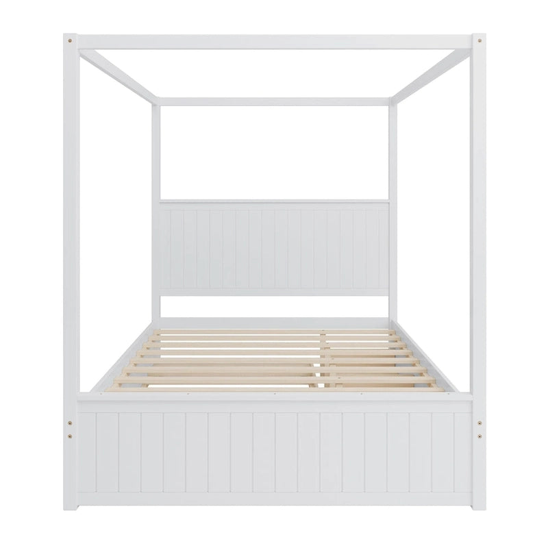 Lit plateforme Queen avec lit gigogne et 3 tiroirs de rangement, cadre de lit en bois massif à 4 poteaux avec tête de lit à oreilles