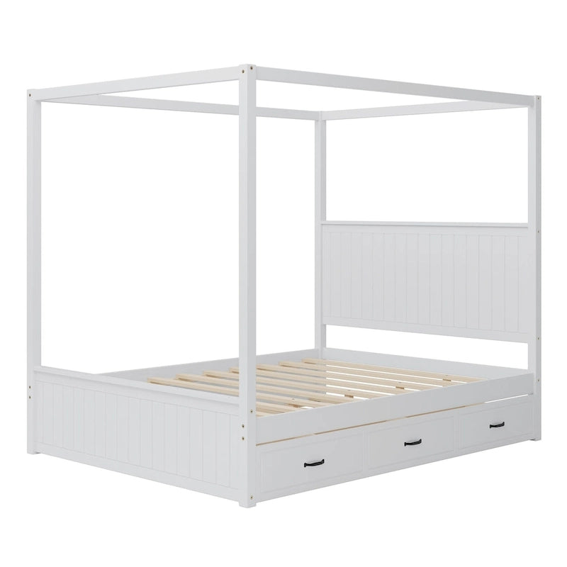 Lit plateforme Queen avec lit gigogne et 3 tiroirs de rangement, cadre de lit en bois massif à 4 poteaux avec tête de lit à oreilles