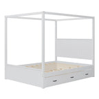 Lit plateforme Queen avec lit gigogne et 3 tiroirs de rangement, cadre de lit en bois massif à 4 poteaux avec tête de lit à oreilles