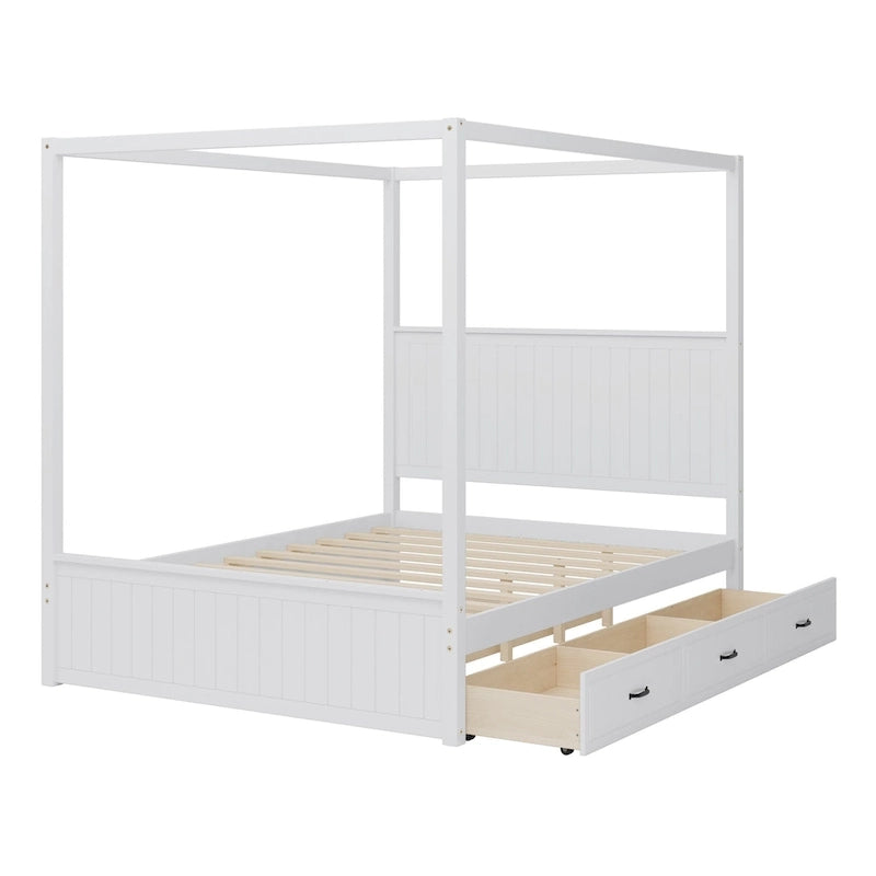 Lit plateforme Queen avec lit gigogne et 3 tiroirs de rangement, cadre de lit en bois massif à 4 poteaux avec tête de lit à oreilles