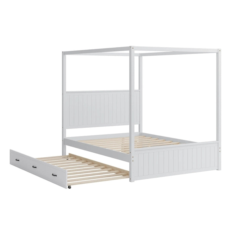 Lit plateforme Queen avec lit gigogne et 3 tiroirs de rangement, cadre de lit en bois massif à 4 poteaux avec tête de lit à oreilles
