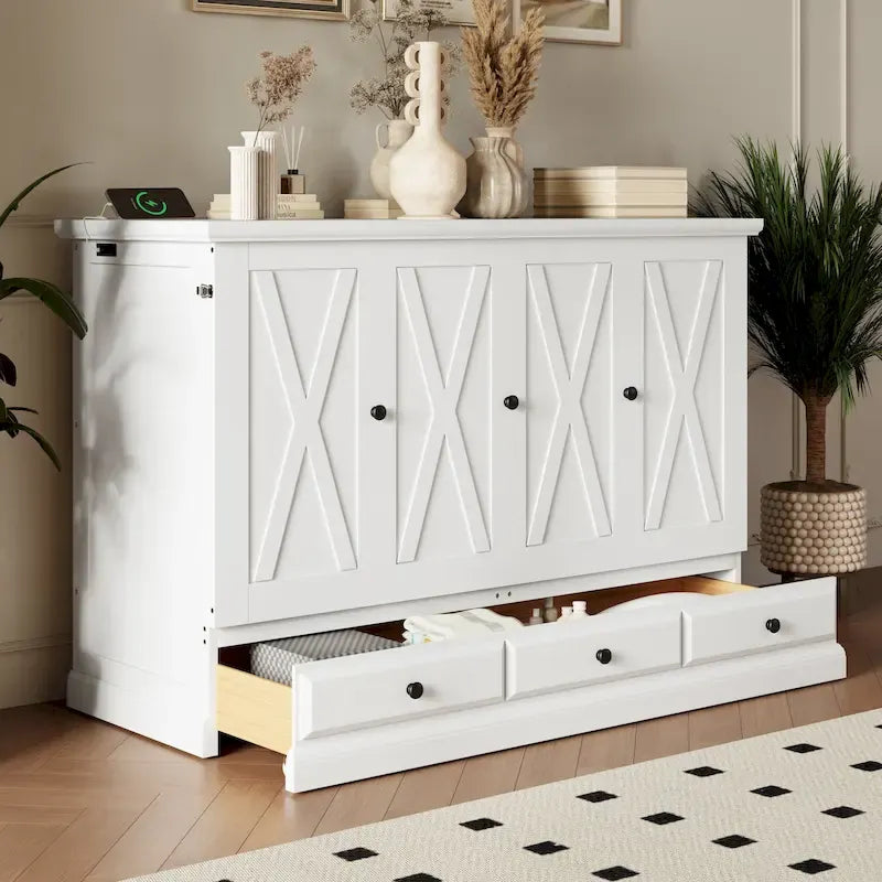 Lit escamotable de style campagnard, commode cubique convertible gain de place avec grands tiroirs et station de recharge, lit plateforme pliable