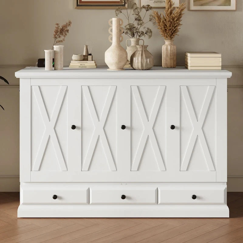 Lit escamotable de style campagnard, commode cubique convertible gain de place avec grands tiroirs et station de recharge, lit plateforme pliable