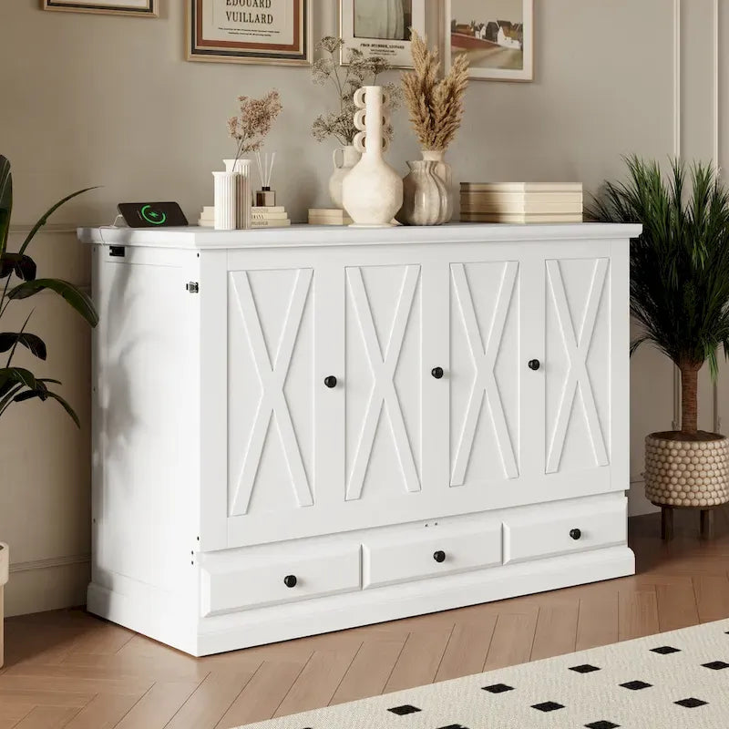 Lit escamotable de style campagnard, commode cubique convertible gain de place avec grands tiroirs et station de recharge, lit plateforme pliable