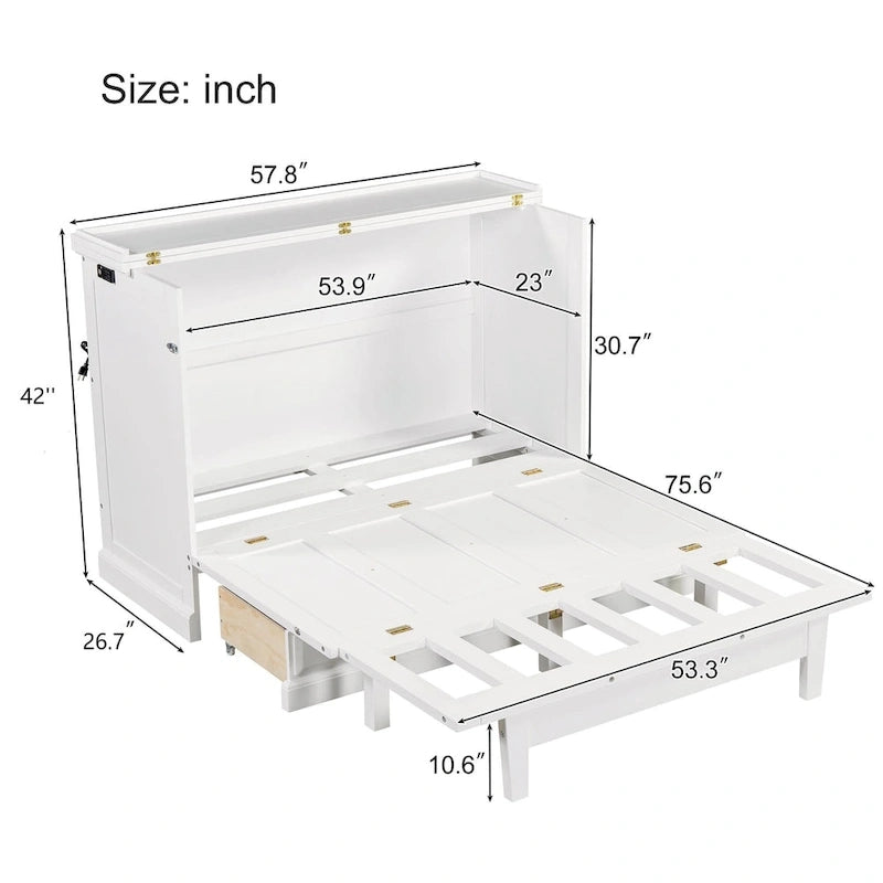Lit escamotable de style campagnard, commode cubique convertible gain de place avec grands tiroirs et station de recharge, lit plateforme pliable