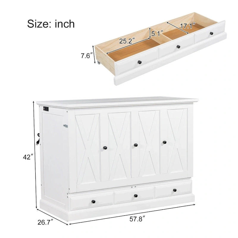 Lit escamotable de style campagnard, commode cubique convertible gain de place avec grands tiroirs et station de recharge, lit plateforme pliable