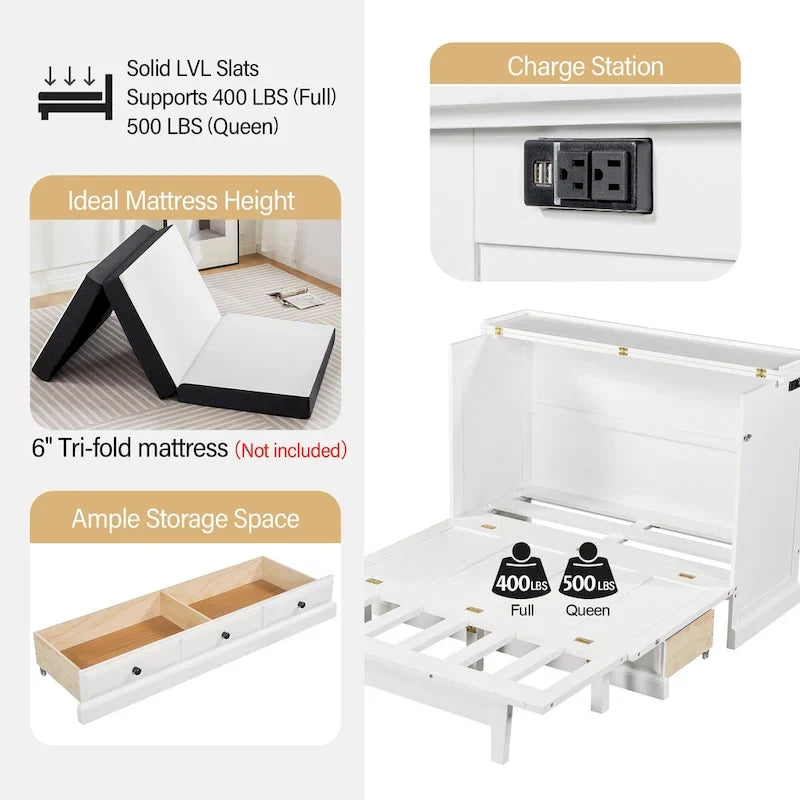 Lit escamotable de style campagnard, commode cubique convertible gain de place avec grands tiroirs et station de recharge, lit plateforme pliable