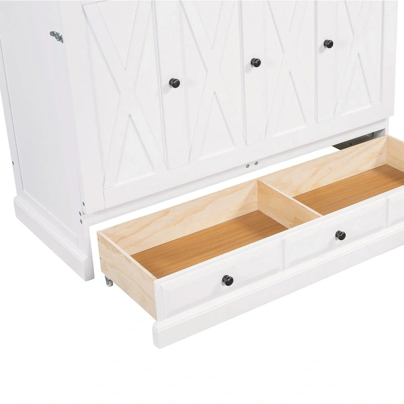 Lit escamotable de style campagnard, commode cubique convertible gain de place avec grands tiroirs et station de recharge, lit plateforme pliable